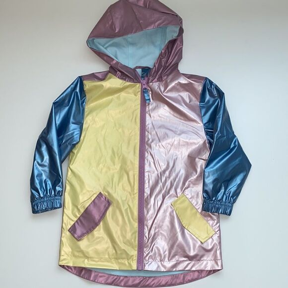 Andy & Evan Girls Aqua Metallic Colorblock Hooded Windbreaker Jacket Size 3T NWT - Picture 3 of 5